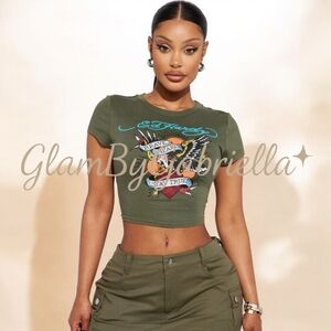 Ed Hardy “Brave Hearts Stay True” Baby Tee – Olive Green – Y2K Rare - L